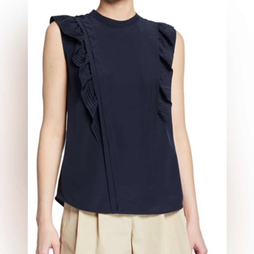 Rebecca Taylor Midnight Pintuck Sleeveless 100% Silk Button Back Blouse Size XS